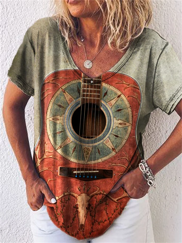 Western Wooden Guitar Inspired V Neck T Shirt