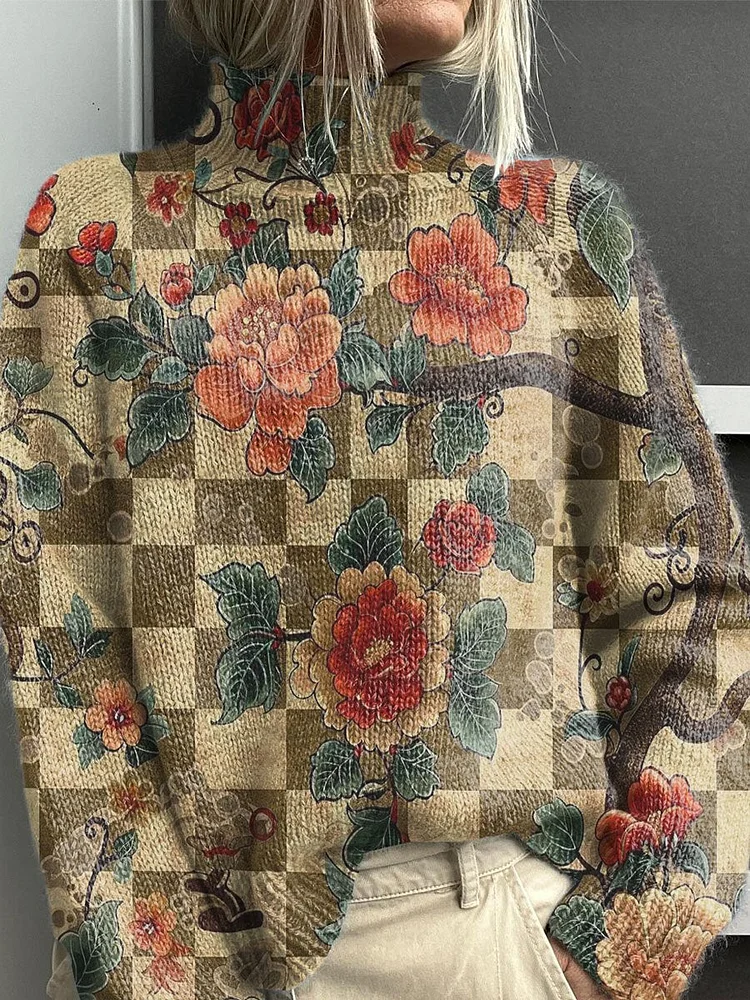 Vintage Flower Art Print Knit Turtleneck Pullover Sweater