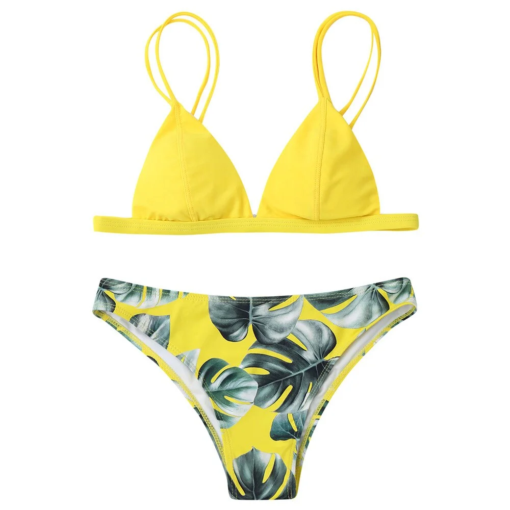 Women Split Swimwear Bikini Set Sexy Print Leaves Push-Up Padded Female Bather Wire Free Tankini Plavky Swimsuit Beachwear