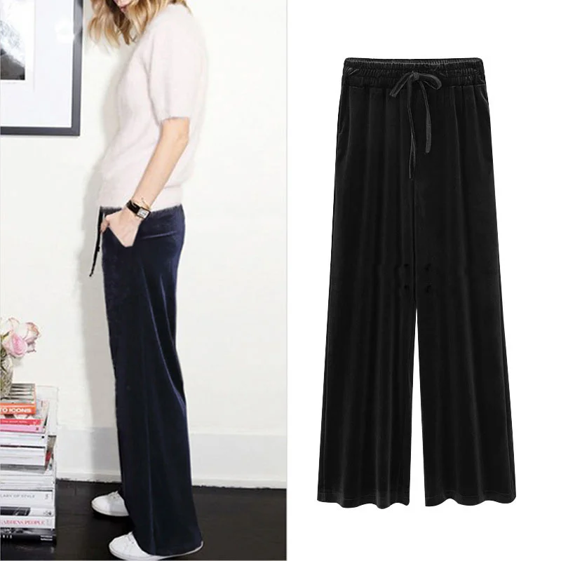 Velvet Wide-Leg Loose Stretch High-Waist Pants