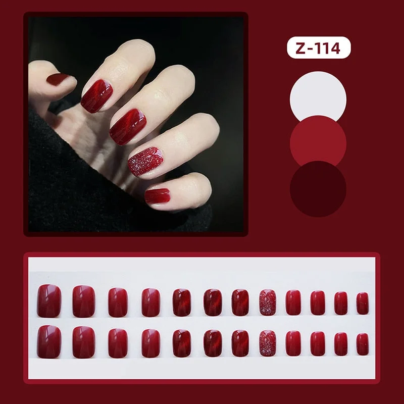 24PCS Fashionable Pink Metal Fake Nail press on Wearable Square Shape Glue model Decorated Finished Fake Nail with glue Product-Nail Inspo