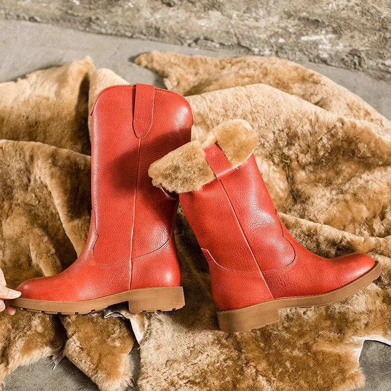 Western Cowboy Boots Handmade Leather Mid Calf Snow Boots Shearling Lined in Red/Black/Coffee