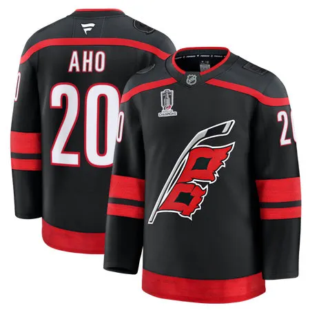 Men's Carolina Hurricanes #20 Sebastian Aho Black 2026 Stanley Cup Champions Home Premium Patch Jersey