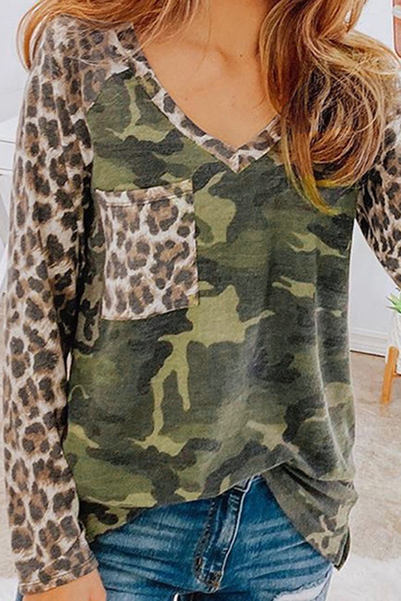 Casual Leopard Camouflage Print Pocket V Neck Tops