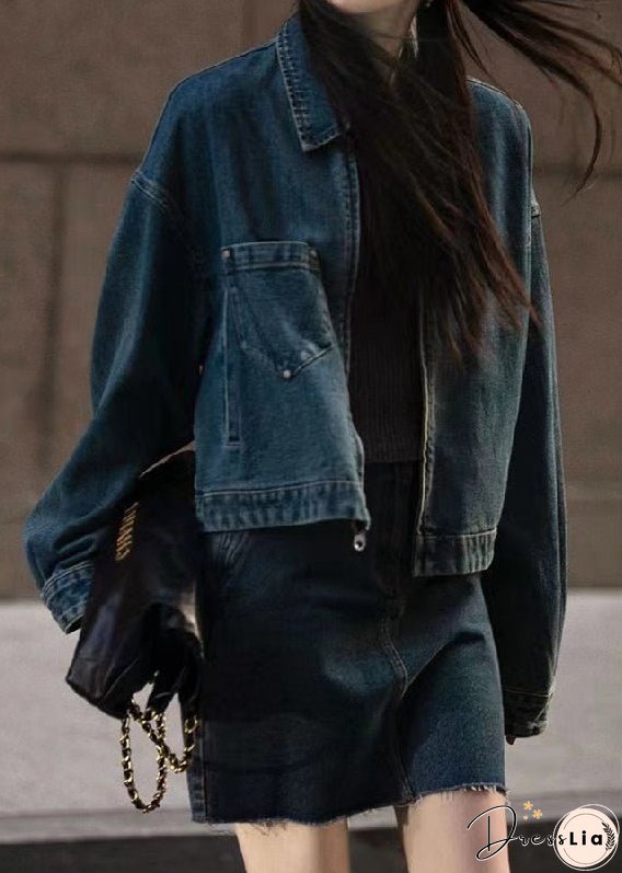 Retro Blue Peter Pan Collar Patchwork Button Denim Coats Long Sleeve