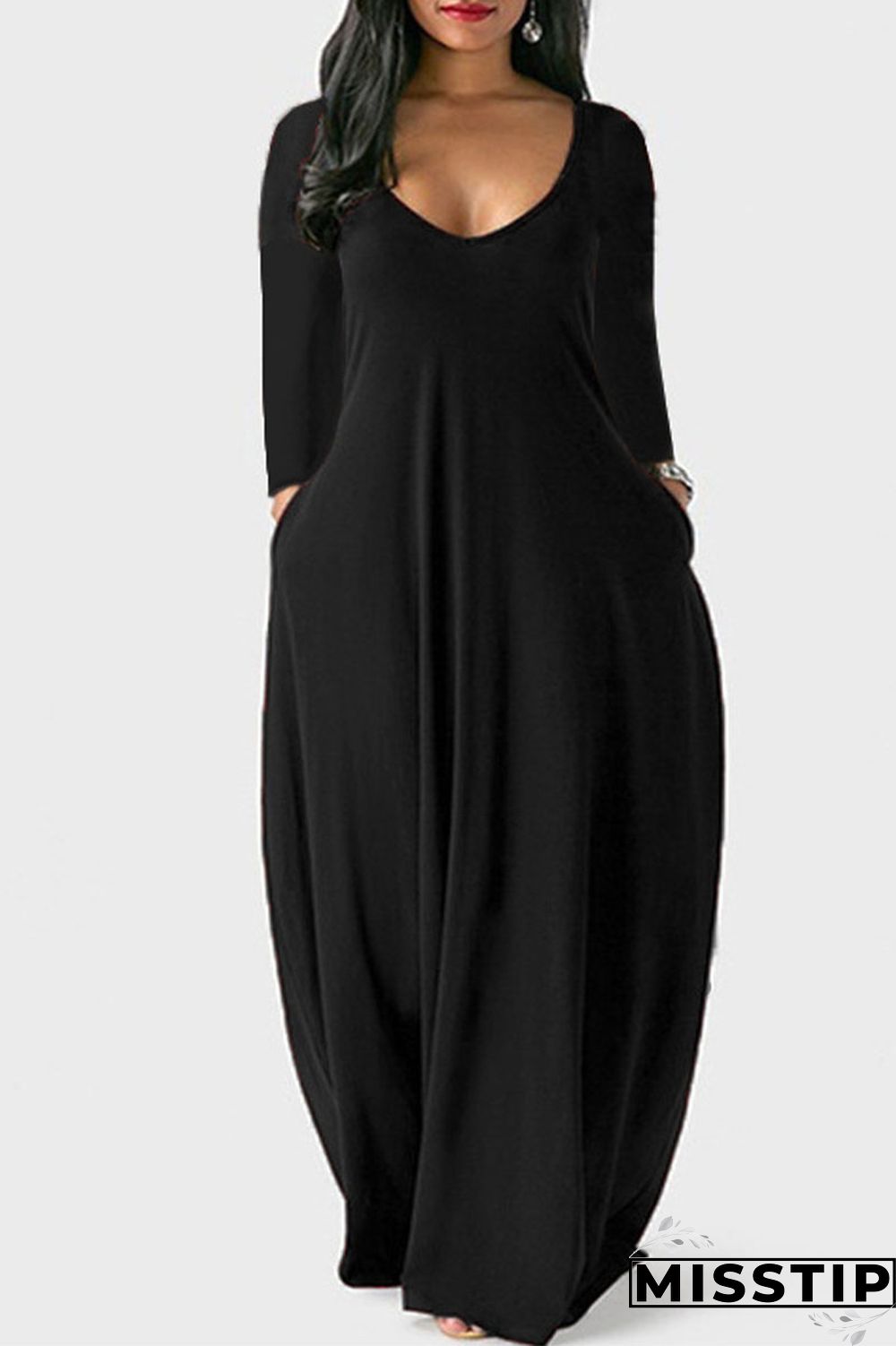 Black Casual Solid Patchwork V Neck Straight Dresses