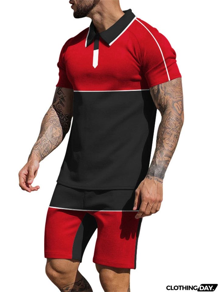 Contrasting Colors Patchwork Two Pieces Summer Sportswear Sets for Men
