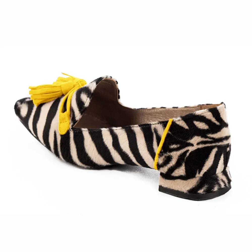 Black and Beige Round Toe Zebra Print Women's Loafers with Tassels
