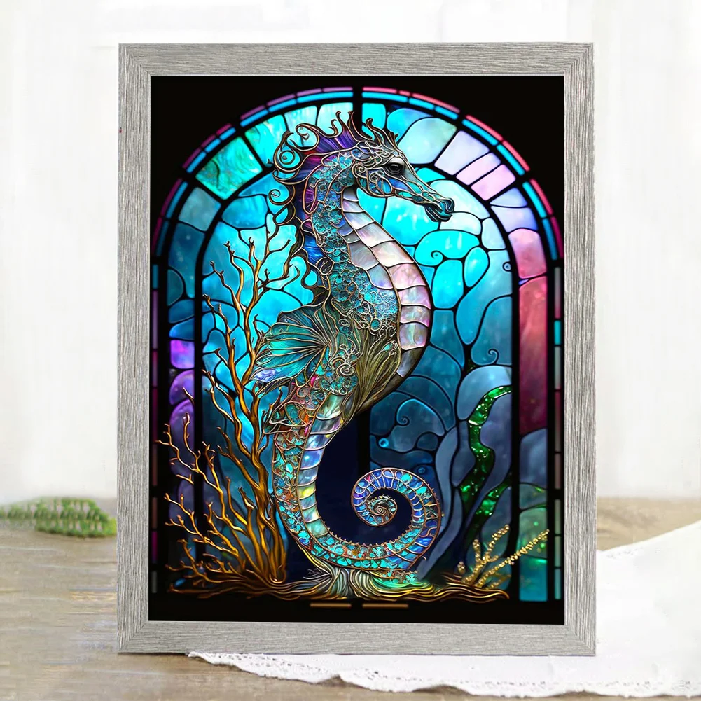 14CT Full Stamped Cross Stitch - Stained Glass Hippocampus(Canvas|50*65CM)