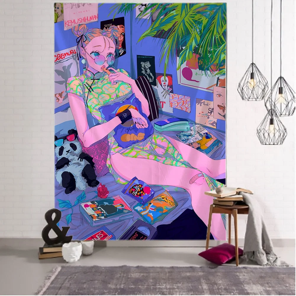 Kawaii Anime Girl Tapestry Wall Hanging Pink Cute Boho Style Psychedelic Hippie Background Home Decor