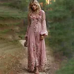 Bohemian Floral Beaded Pink V-neck Long Sleeve Dress - Image 2