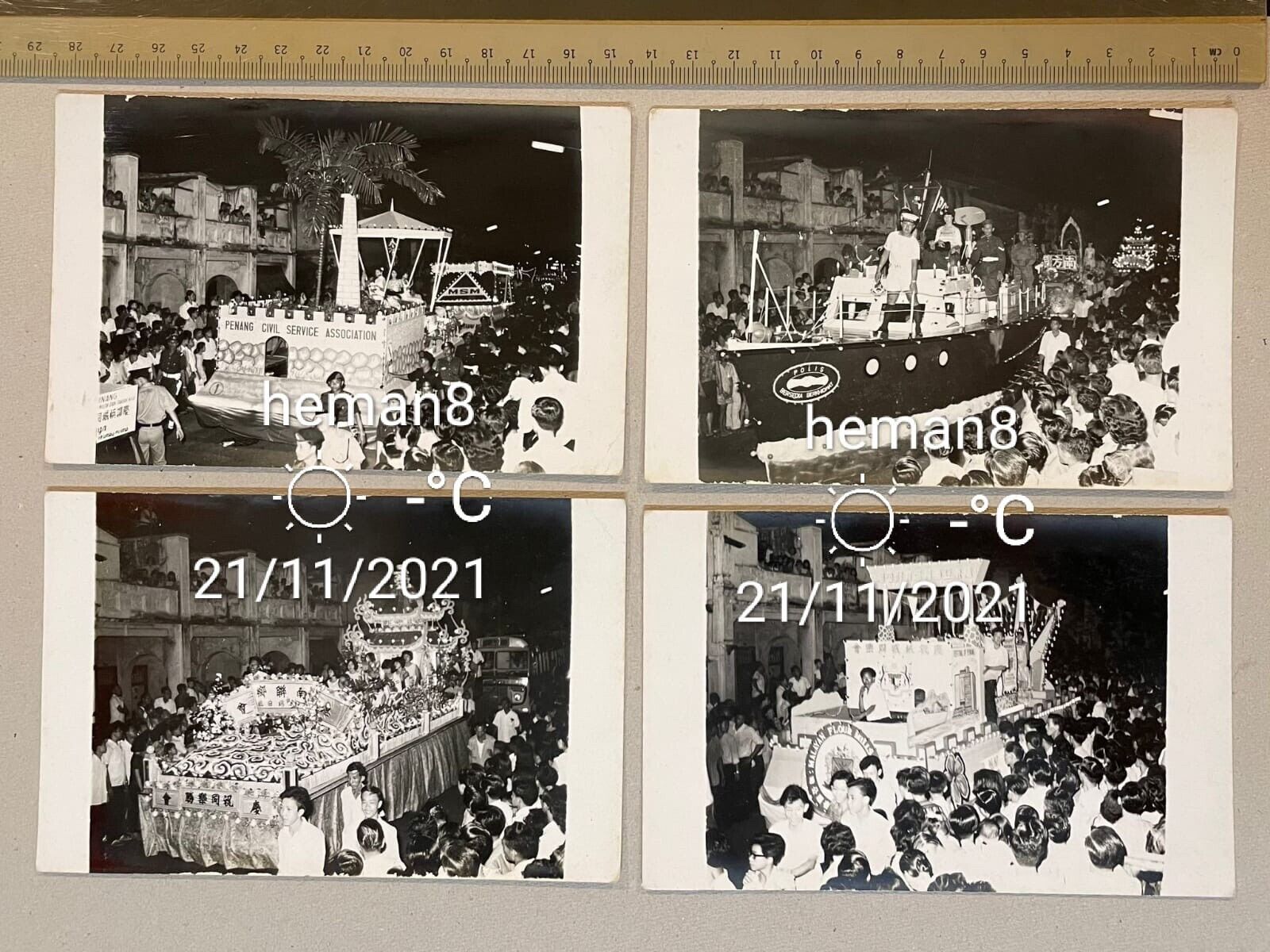 60's/70's Malaysia Penang real Photo Poster painting x4 ppc size Chingay Parade Penang Festival