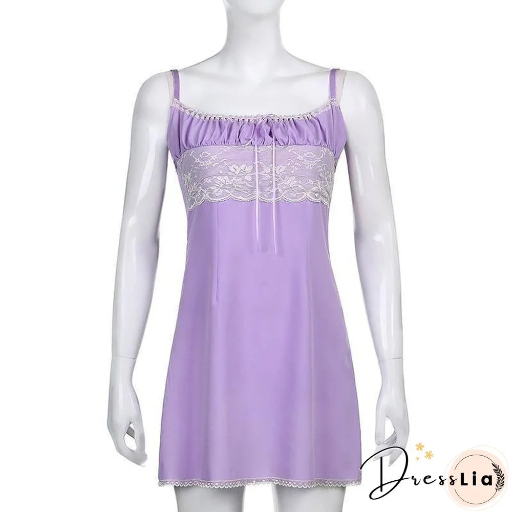 Sweetown Aesthetic Purple Party Dress Women Lace Chiffon Cute Sleeveless Sexy Mini Dresses Lace Up Kawaii E Girl Clothes