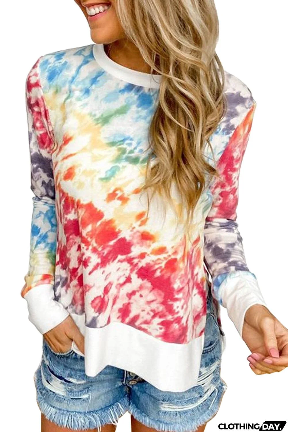 High Low Hem Tie-dye Print Top with Slits