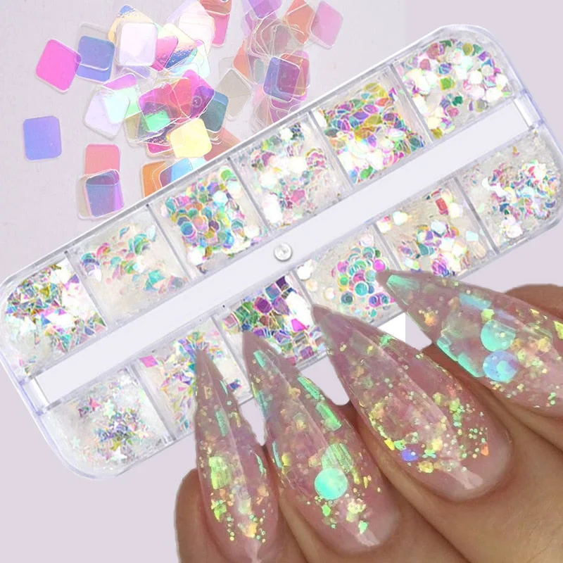 12 Grids Colorful Flourescent Nail Sequins Hollow Circle Sequins Neon Round Nail Art Glitter Flakes Butterfly 3D Slice Tips-Nail Inspo
