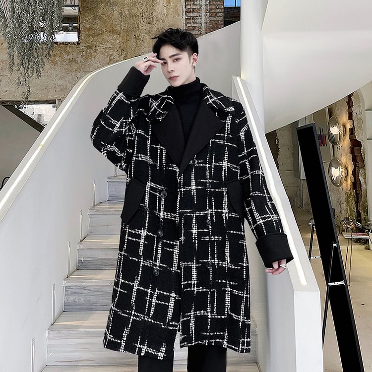 -905p160 Checked loose Korean mid-length woolen coat-Dawfashion- Original Design Clothing Store-Halloween 2022