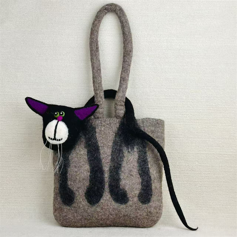 Vintage Funny Black Cat Handmade 3d Felt Tote Bag elevenforest