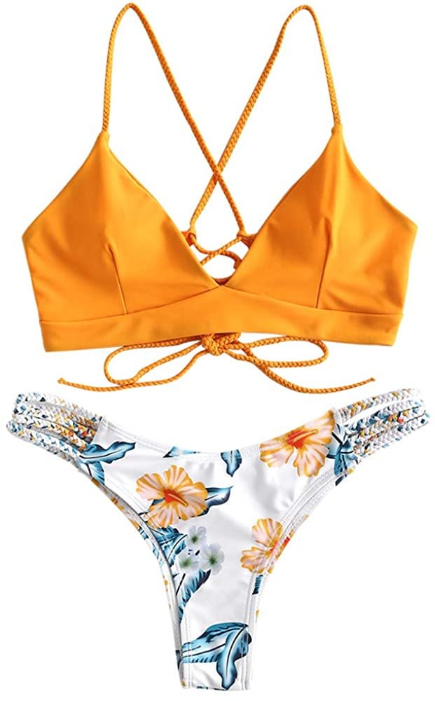 Bralette Swimsuit Flower Bathing Suit Women Braided Straps Lace Up Bikini Set