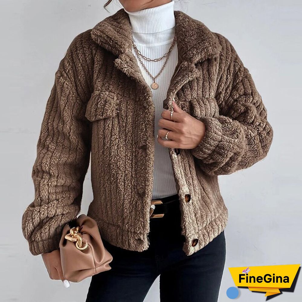 Women Elegant Fuzzy Coat Autumn Casual Long Sleeve Solid Outerwear Winter Fashion Lapel Single Breasted Loose Jackets Tops