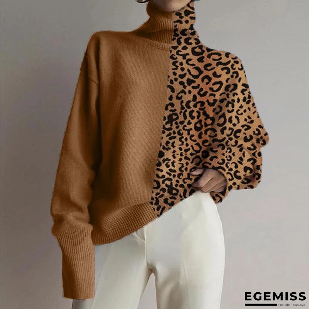 Fashionable Loose High Collar Leopard Stitching Sweater | EGEMISS