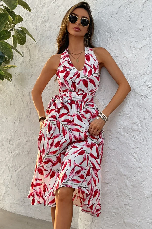 Fashion V Neck Tie Waist Midi Dress