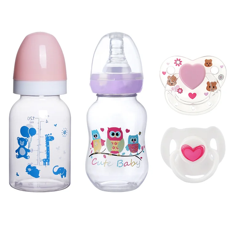 Cute Pink and Purple Magnetic Pacifier and Bottle 4-Pieces Set Safe Reborn Baby Doll Accessories