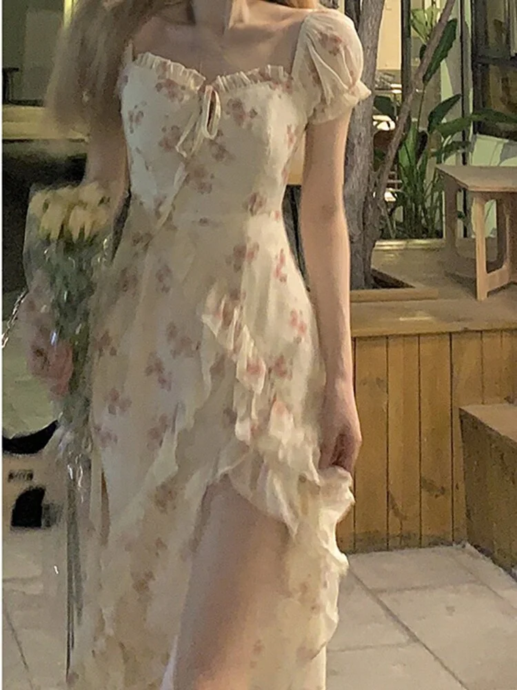 Floral Elegant Short Sleeve Dress Woman Casual spring dresses for women 2023  Party One Piece Dress Korean Fashion Beach Vintage Midi Dress