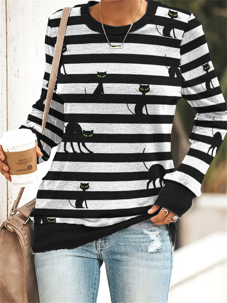 Vefave Halloween Black Cats Striped Sweatshirt