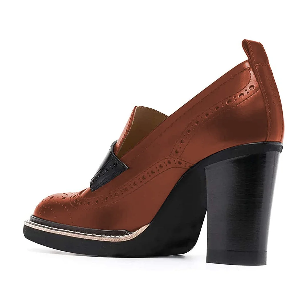 Round Toe Perforated Detail Chunky Heeled Loafers Women in Brown