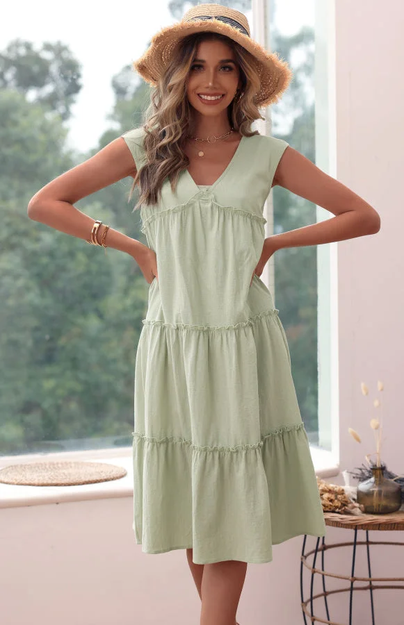 Women's Solid Color Tank Top Dress Green Cotton Linen Loose Dress