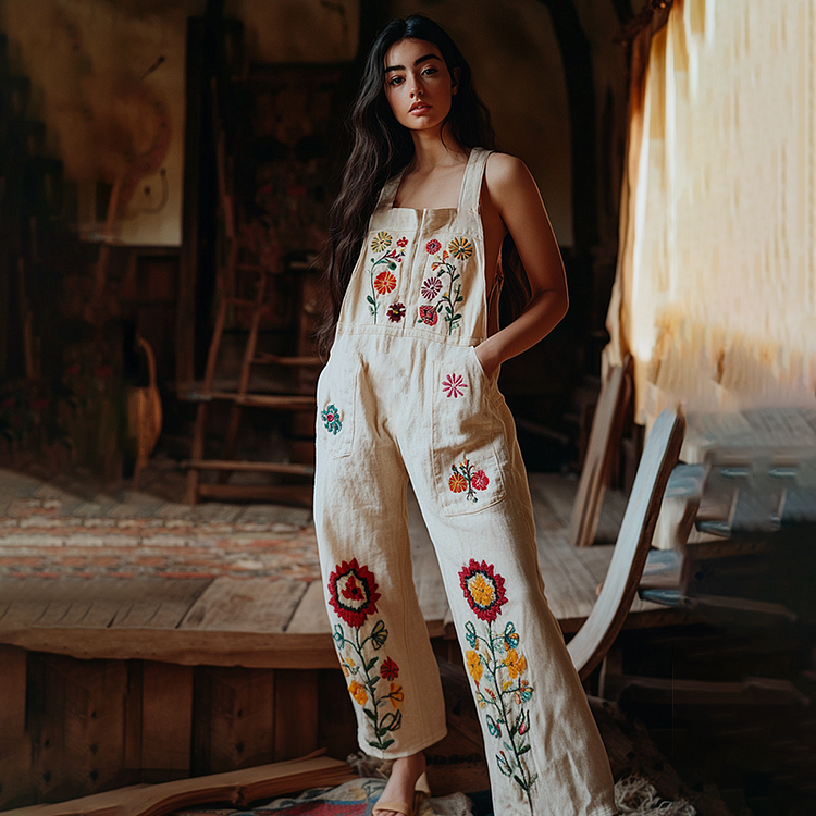 Utbros Vintage Floral Embroidered Art Linen Blend Loose Casual Jumpsuit