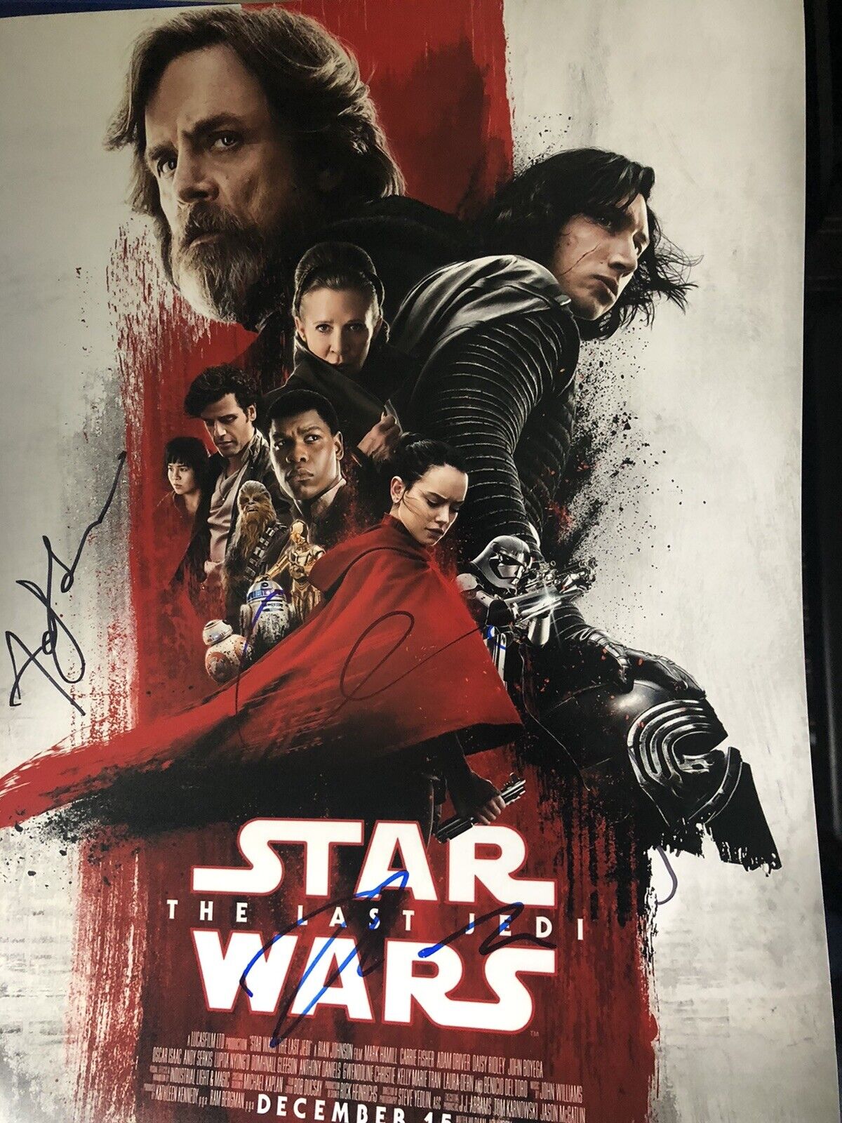 Star Wars: The Last Jedi Multi-Signed 16x12 Photo Poster painting AFTAL *SIGNED BY 4*