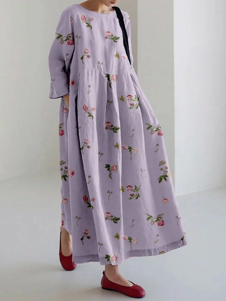 VChics Vintage Floral Art Pattern Linen Blend Maxi Dress