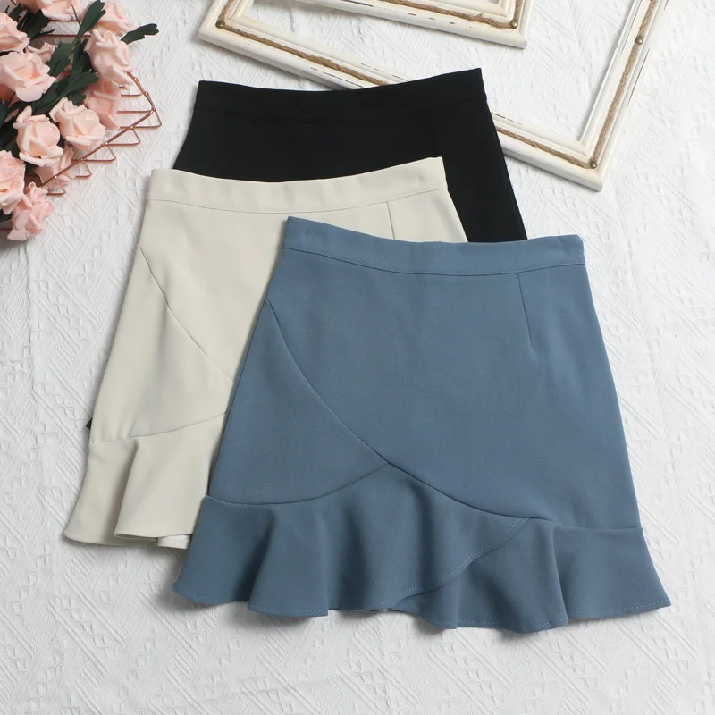 Uveng Real Shooting Small Lotus Leaf Side Fishtail Short Skirt Anti-Light High-Rise Thin A Word Bag Hip Skirt 8191