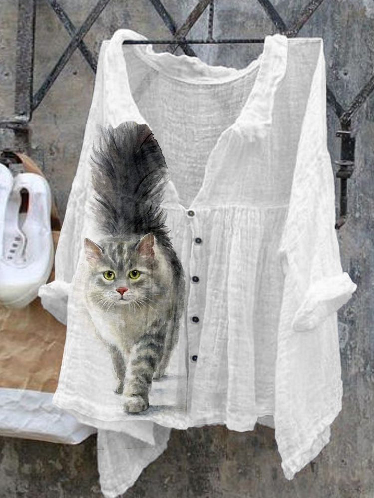 Comstylish Cute Cat Art Pattern Linen Blend Cozy Shirt