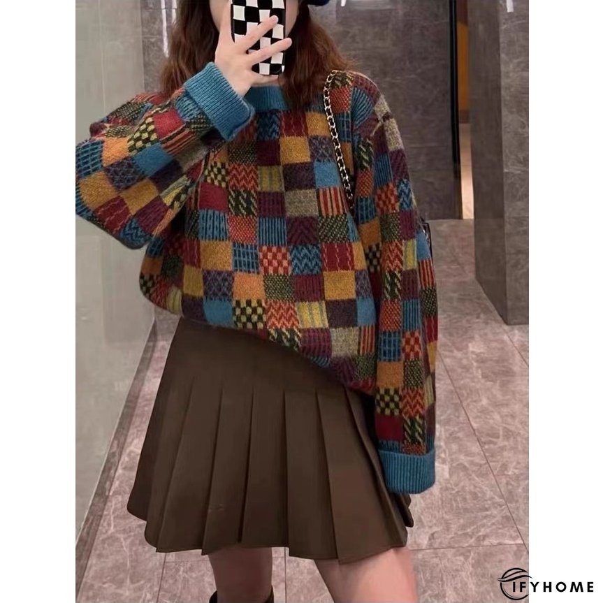 Women's Fashion Vintage Plaid Loose Retro Sweater | IFYHOME