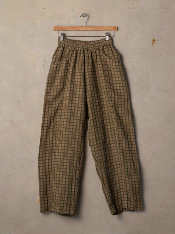 Vintage Plaid Outdoor Women's Cotton and Linen Pants tjj Shicloths