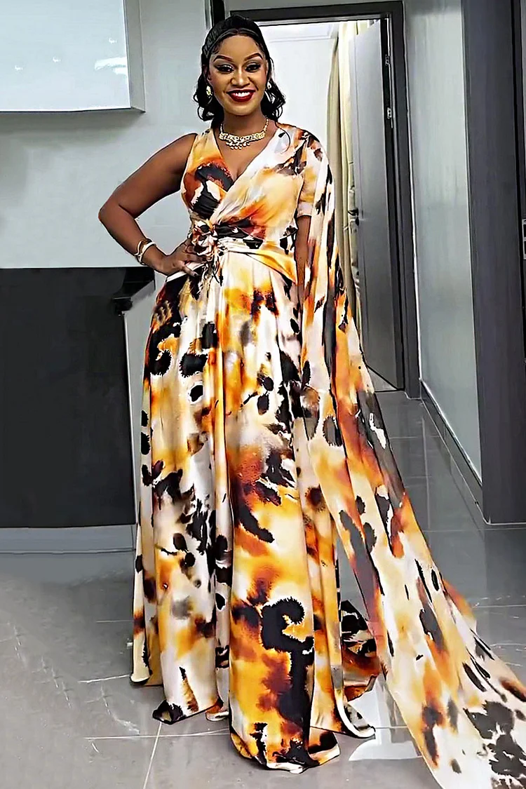 Asymmetric Sash Overlap V Neck Print Party Maxi Dresses-Brown [Pre Order]