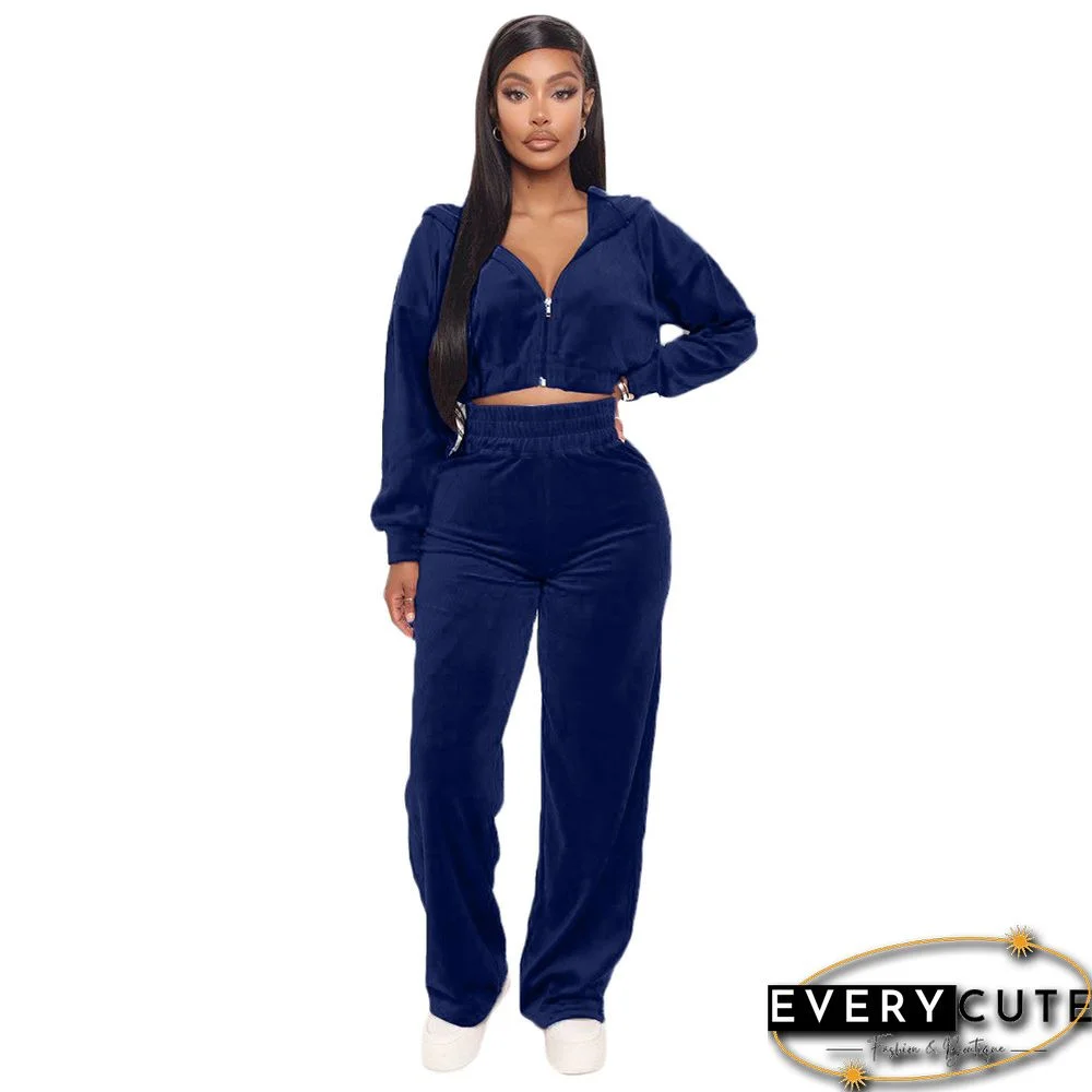 Navy Blue Korea Velvet Zipper Top with Pant Set