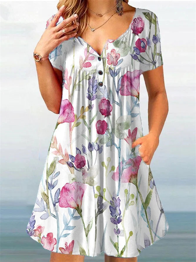 Women's V-neck Short Sleeve Floral Printed Midi Dress