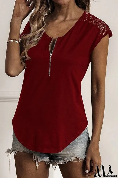 MidiSono - Zip Neck Lace Short Sleeve T-Shirt
