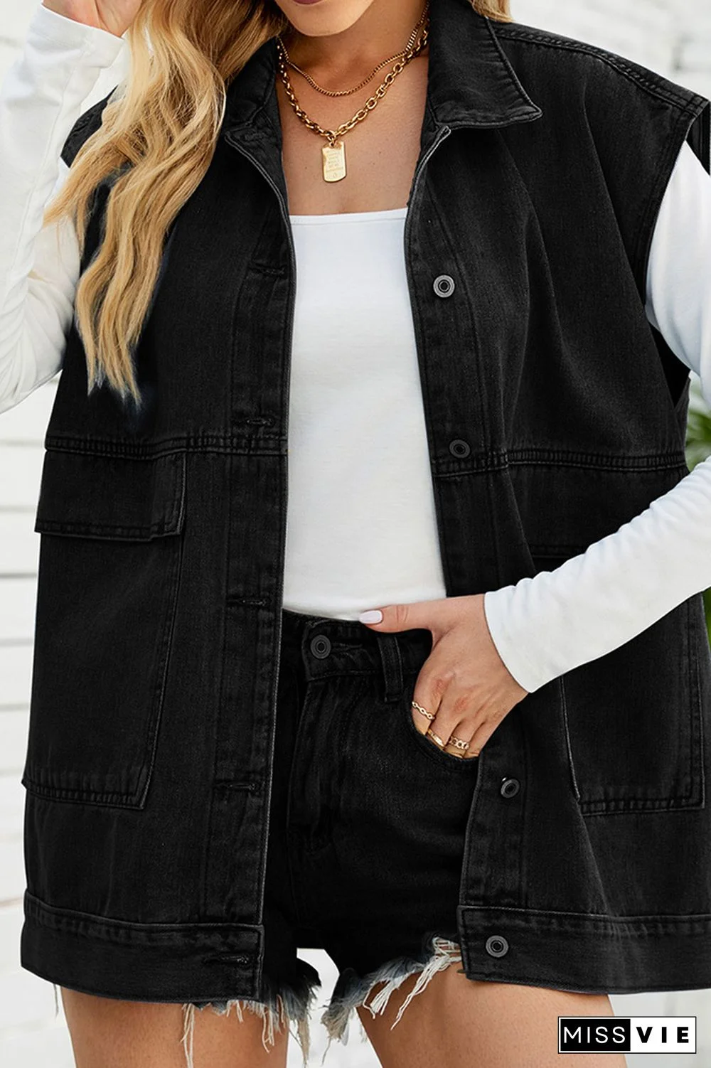 Open Front Pockets Sleeveless Denim Jacket