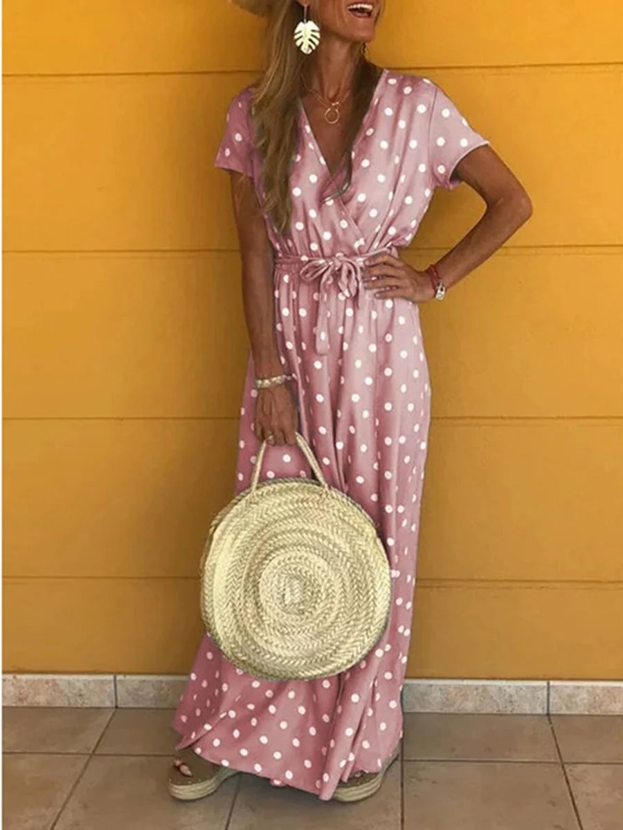 Bohemia V-Neck Polka Dot Elastic Waist Maxi Dress