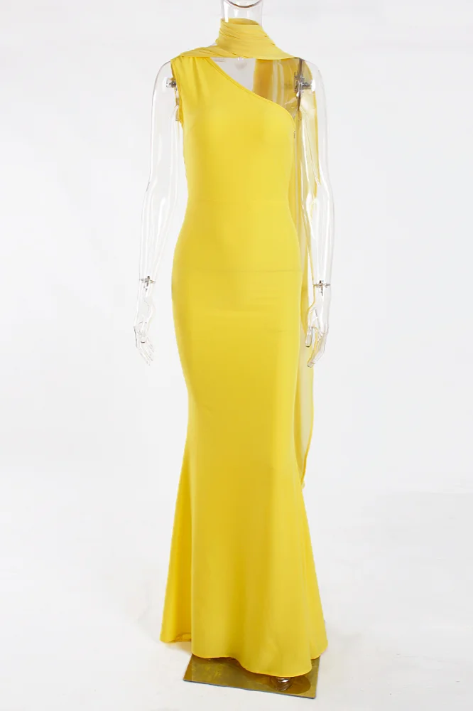 Elegant One Shoulder Yellow Prom Dress Mermaid Long With Ruffles