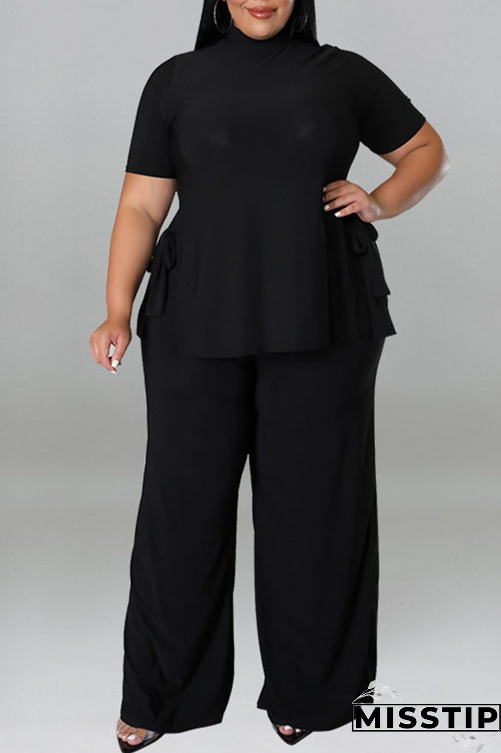 Purple Casual Solid Patchwork O Neck Plus Size Two Pieces