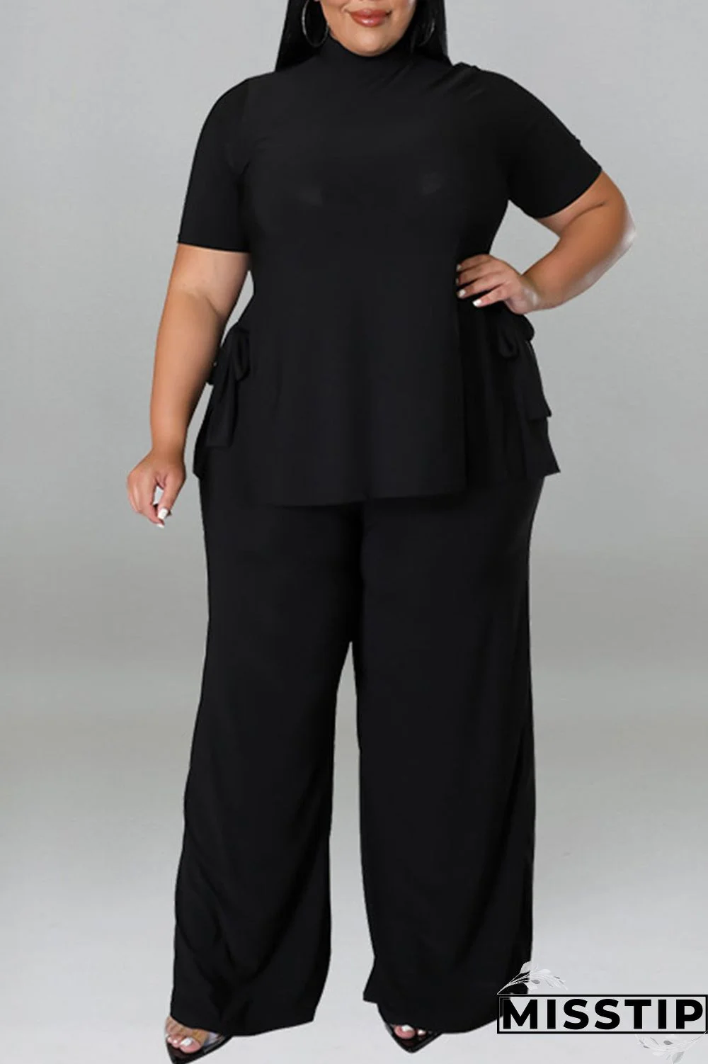 Purple Casual Solid Patchwork O Neck Plus Size Two Pieces