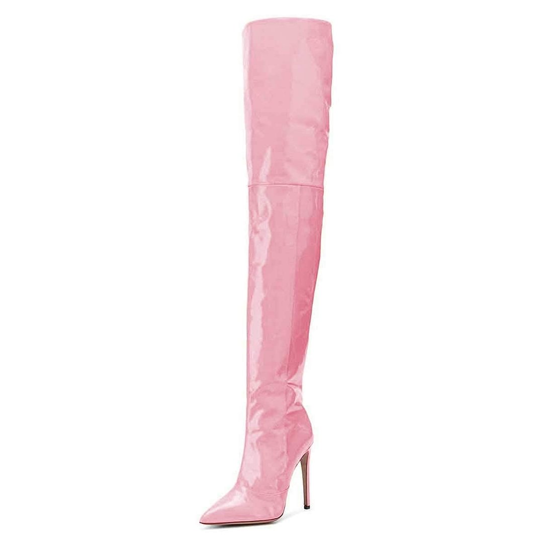 Pull On Side Zipper Patent Leather Pointed Toe Stiletto Heel Thigh High Boots Nicepairs