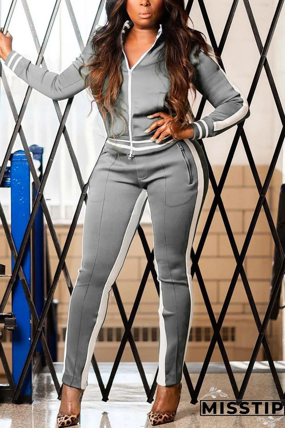 Grey Casual Sportswear Patchwork Patchwork Zipper Collar Long Sleeve Two Pieces