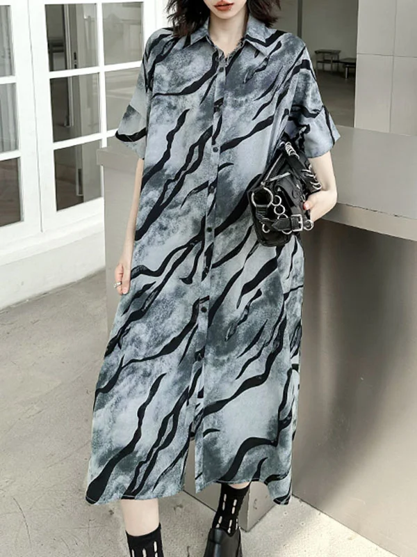 Loose Short Sleeves Striped Tie-Dyed Lapel Midi Dresses Shirt Dress