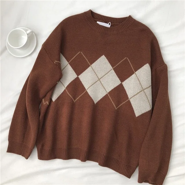 Korean Sweaters Women Argyle Pullovers Winter Geometric Pattern Tops Ladies Casual Oversized  Knitted Sweaters Pull Femme 2021